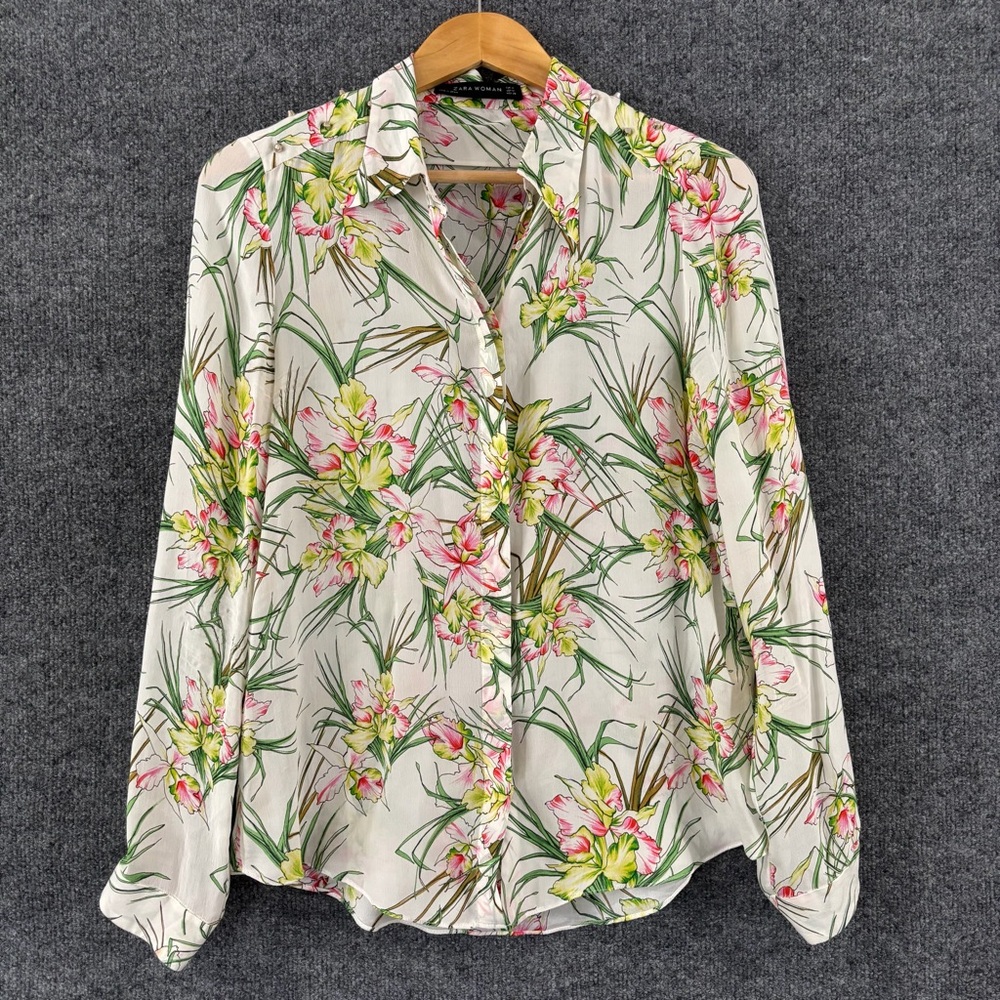 Zara Floral Button-Down Shirt in Cream, Pink & Green